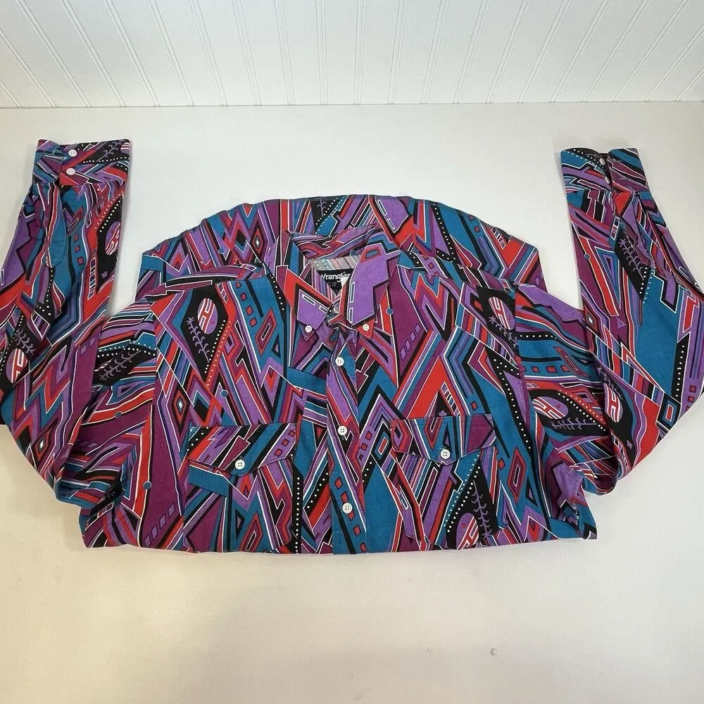 Vtg Wrangler X Lg‎ Tails Shirt 16.5 35Purple Aztec Rodeo Cowboy Western Checotah